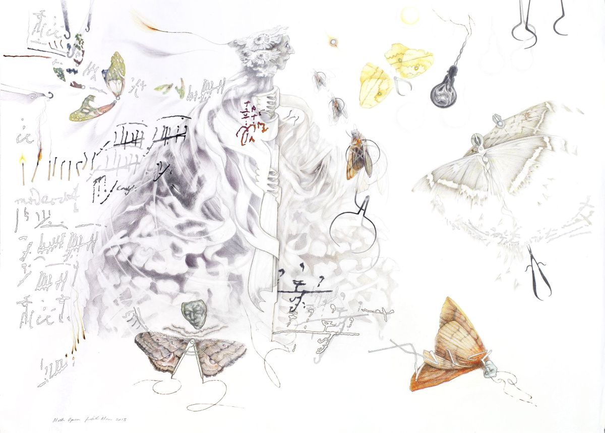 Click the image for a view of: Moth Opera. 2013. Mixed media. 1540X1100mm